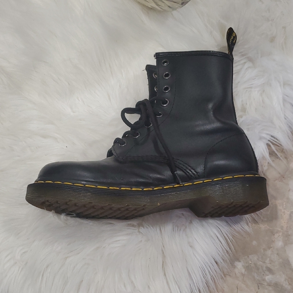 Dr. Martens Black Unisex Leather Laceup Combat  Boots with Yellow Accents - Picture 8 of 17